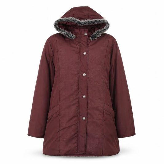 Front view of Anne De Lancay women’s red parka coat, size M, zip