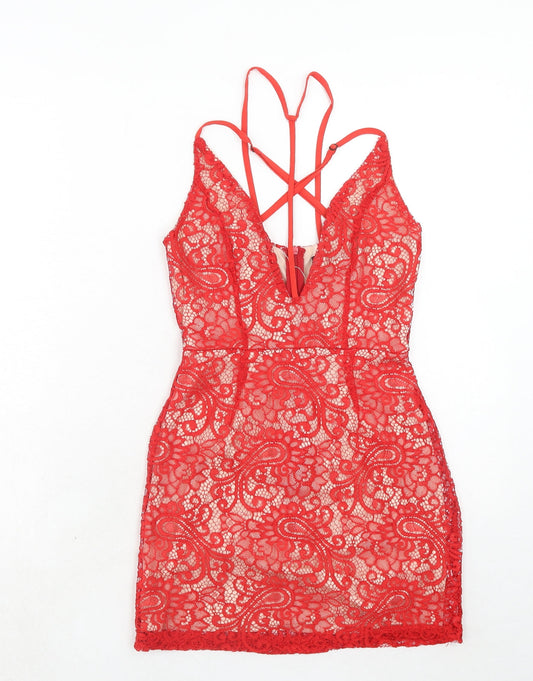 Boohoo Womens Red Geometric Polyester Bodycon Size 6 V-Neck Zip