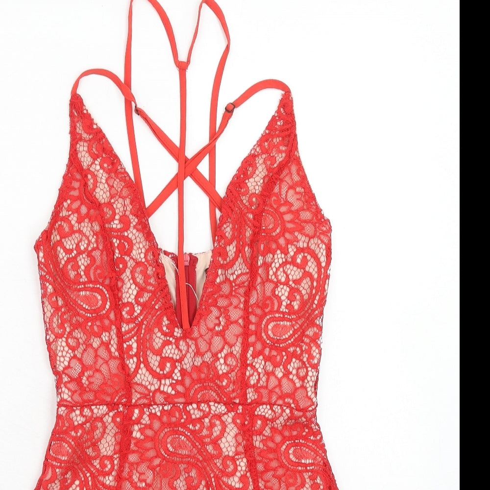 Boohoo Womens Red Geometric Polyester Bodycon Size 6 V-Neck Zip