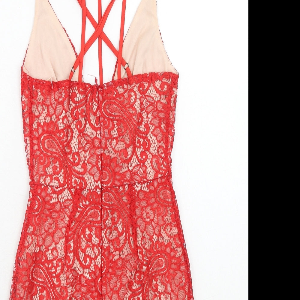 Boohoo Womens Red Geometric Polyester Bodycon Size 6 V-Neck Zip