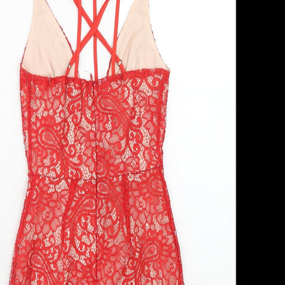 Boohoo Womens Red Geometric Polyester Bodycon Size 6 V-Neck Zip