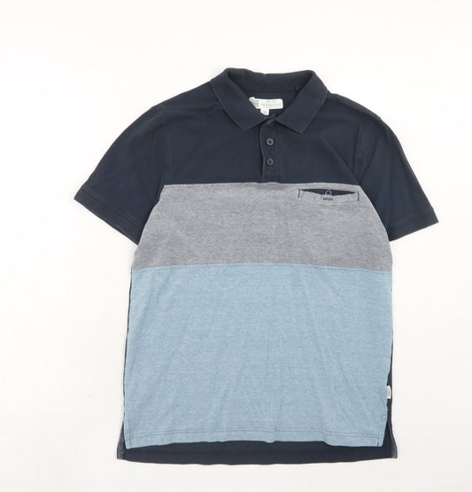 Rivers Mens Blue Colourblock Cotton Polo Size M Collared Button