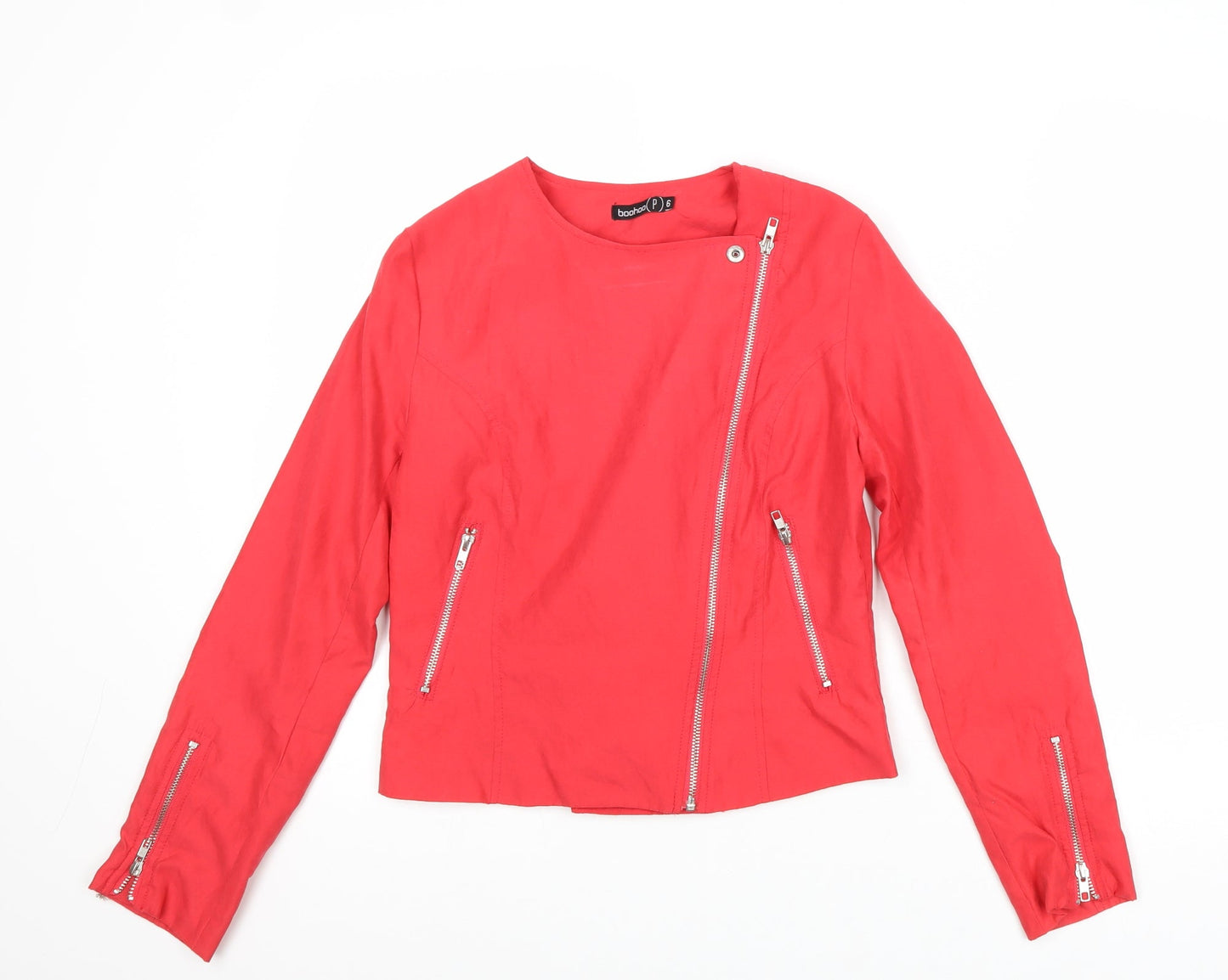 Boohoo Womens Red Biker Jacket Size 6 Zip