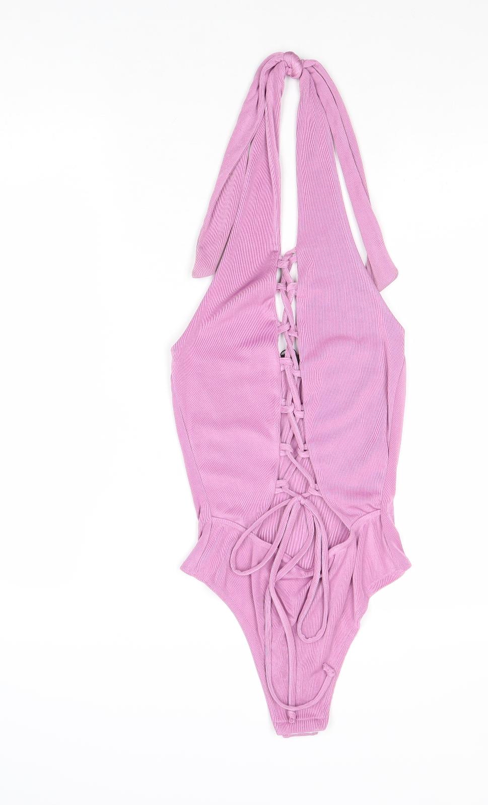 Boohoo Womens Purple Polyester Bodysuit One-Piece Size 6 Lace Up