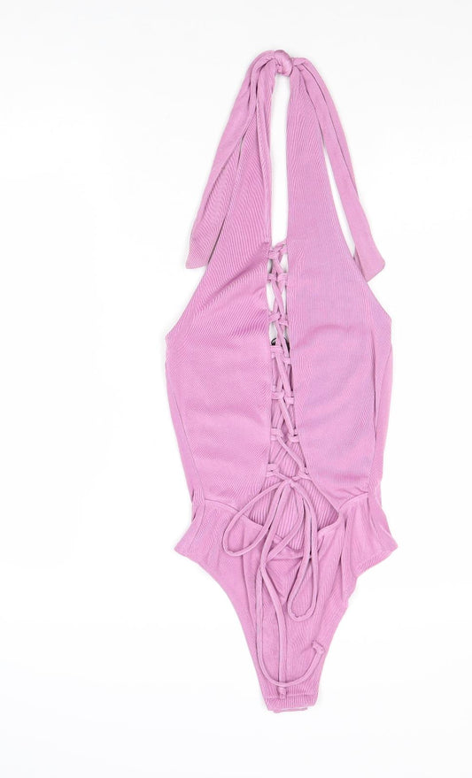 Boohoo Womens Purple Polyester Bodysuit One-Piece Size 6 Lace Up