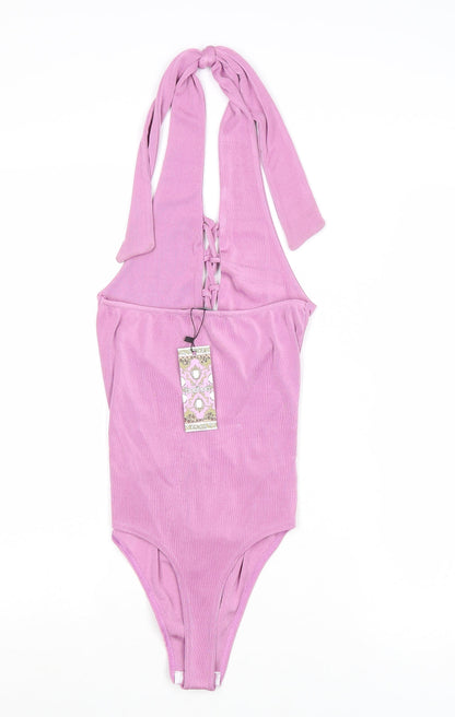 Boohoo Womens Purple Polyester Bodysuit One-Piece Size 6 Lace Up