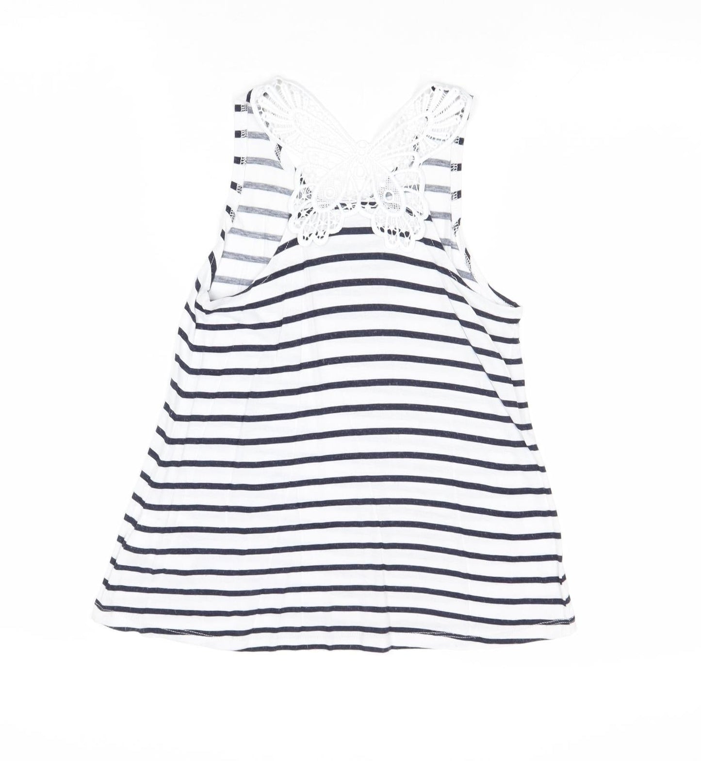 H&M Girls Multicoloured Striped Viscose Basic Tank Size 9-10 Years Round Neck Pullover - Lace Detail