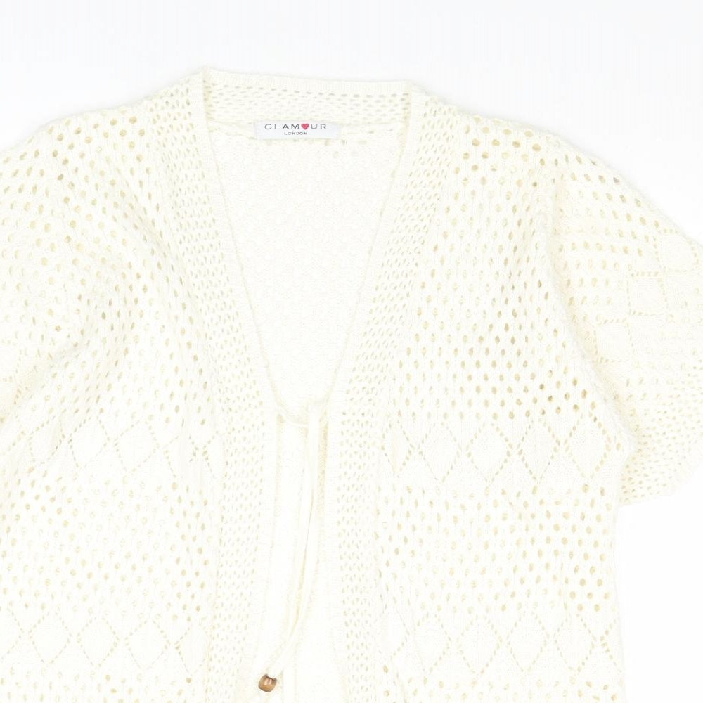 Glamour Womens Ivory V-Neck Cotton Cardigan Jumper Size M