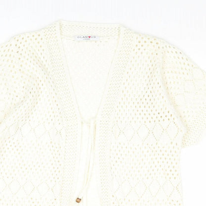 Glamour Womens Ivory V-Neck Cotton Cardigan Jumper Size M