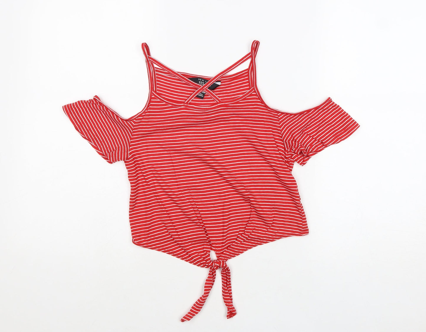 New Look Girls Red Striped Cotton Pullover T-Shirt Size 10-11 Years Scoop Neck Pullover - Cold Shoulder Tie Front