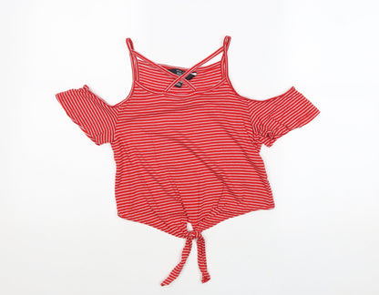 New Look Girls Red Striped Cotton Pullover T-Shirt Size 10-11 Years Scoop Neck Pullover - Cold Shoulder Tie Front