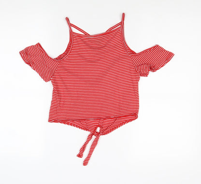 New Look Girls Red Striped Cotton Pullover T-Shirt Size 10-11 Years Scoop Neck Pullover - Cold Shoulder Tie Front