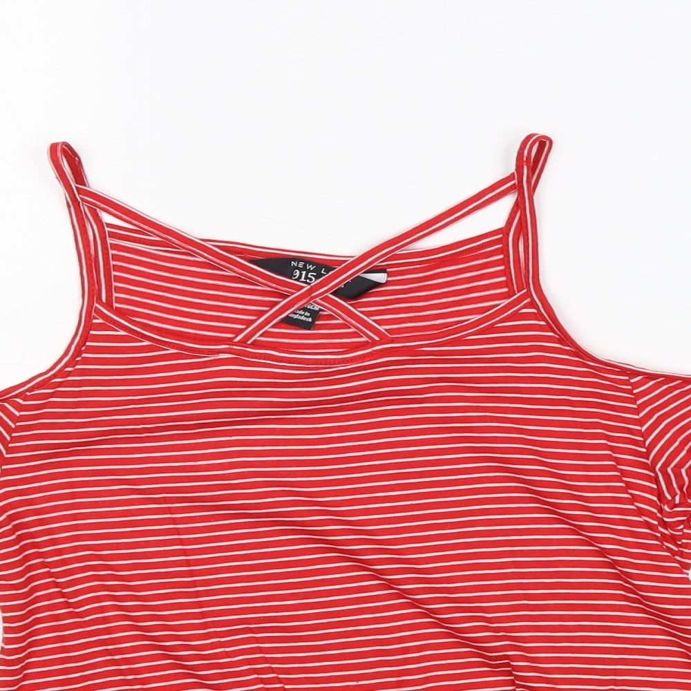New Look Girls Red Striped Cotton Pullover T-Shirt Size 10-11 Years Scoop Neck Pullover - Cold Shoulder Tie Front