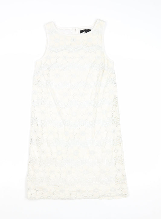 New Look Womens Ivory Nylon Shift Size 6 Boat Neck Button