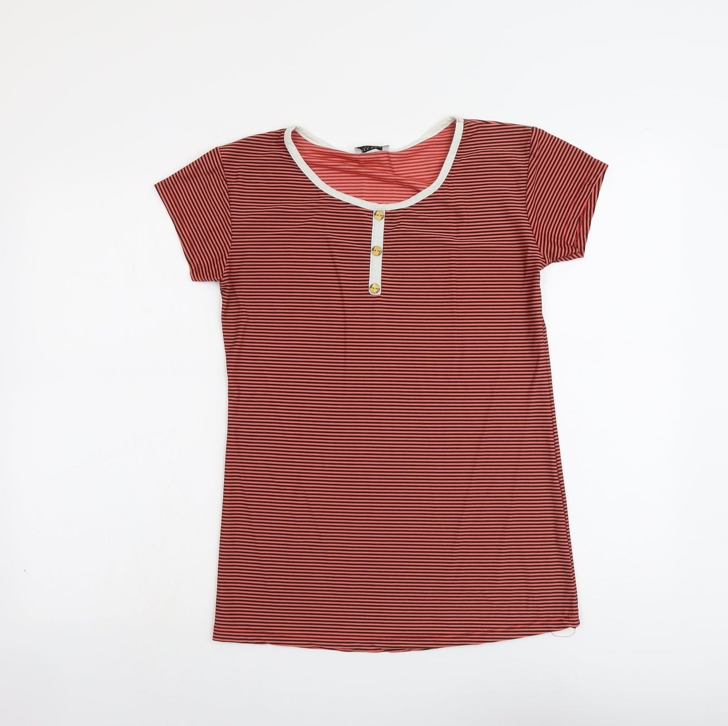 New Trend Womens Red Striped Cotton Basic T-Shirt Size S Round Neck