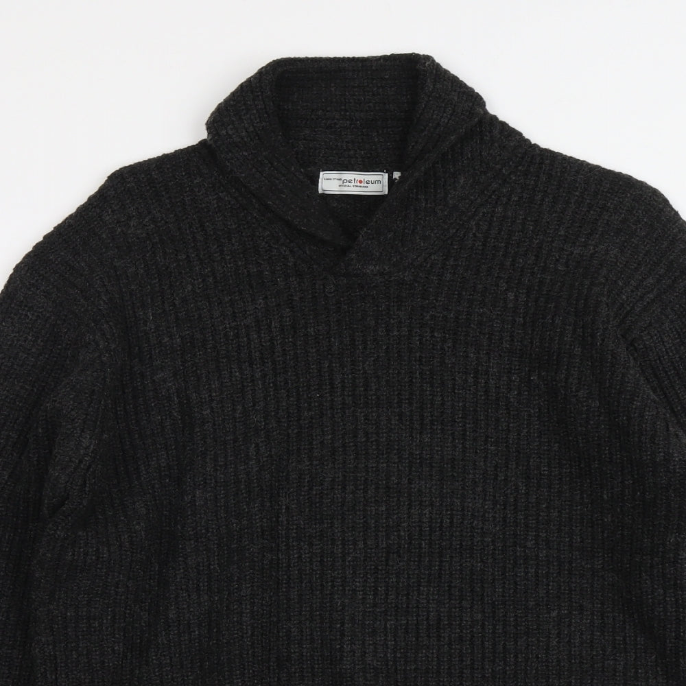 Petroleum Mens Grey Collared Acrylic Pullover Jumper Size M Long Sleeve