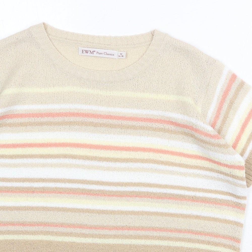 EWM Womens Beige Round Neck Striped Acrylic Pullover Jumper Size M