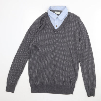 G2000 Mens Grey V-Neck Geometric Cotton Pullover Jumper Size S Long Sleeve - Shirt Collar
