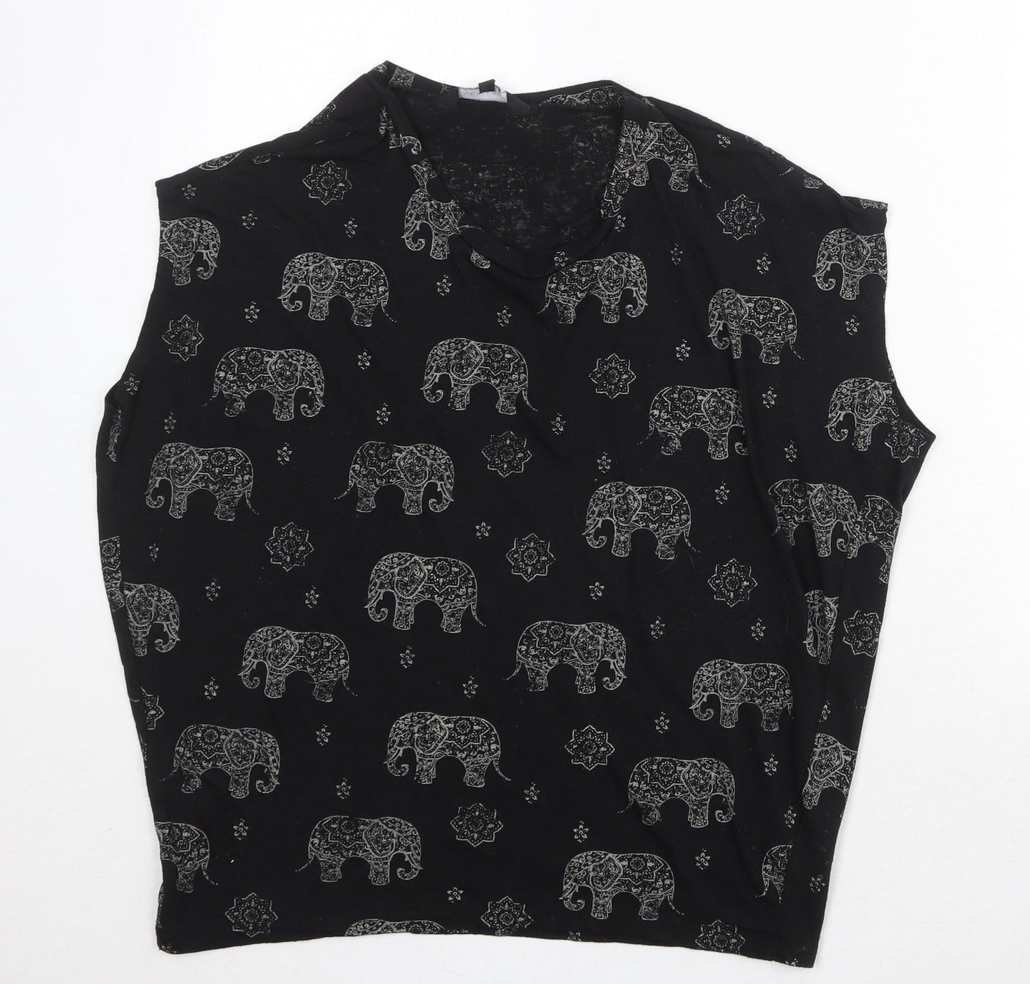 New Look Womens Black Geometric Polyester Basic Blouse Size 8 Round Neck - Mandala Elephant Print