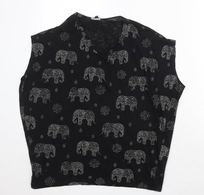 New Look Womens Black Geometric Polyester Basic Blouse Size 8 Round Neck - Mandala Elephant Print