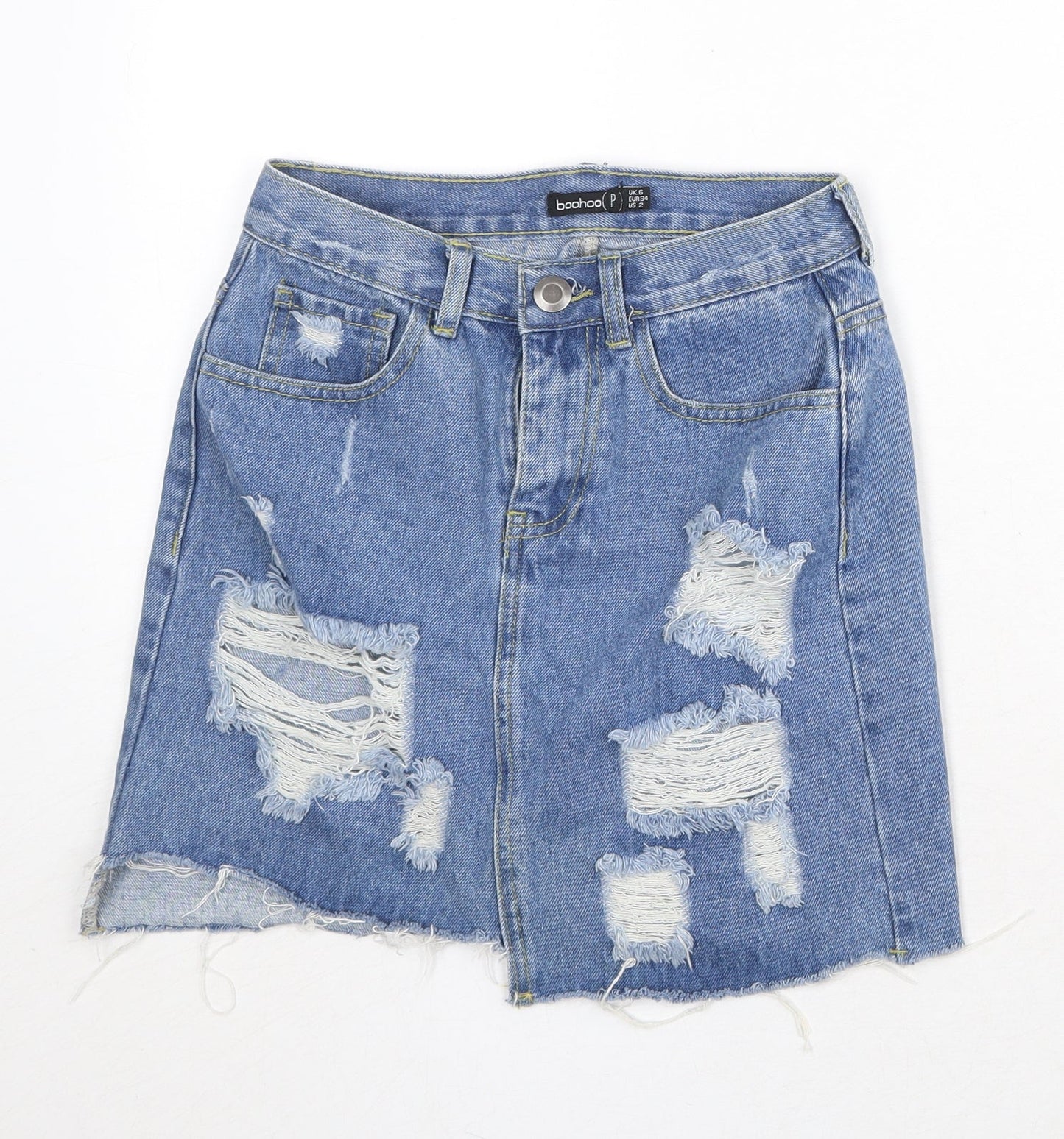 Boohoo Womens Blue Cotton A-Line Skirt Size 6 Zip