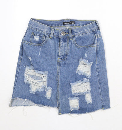 Boohoo Womens Blue Cotton A-Line Skirt Size 6 Zip