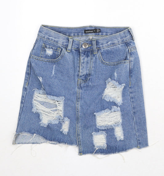 Boohoo Womens Blue Cotton A-Line Skirt Size 6 Zip