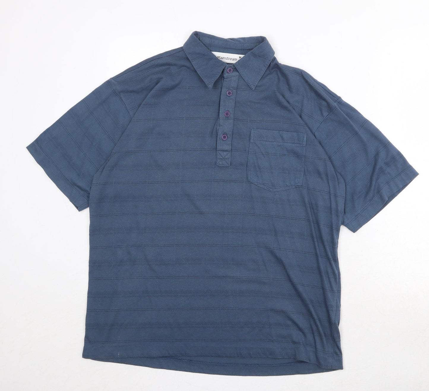 Mainstream Mens Blue Striped Polyester Polo Size M Collared Button