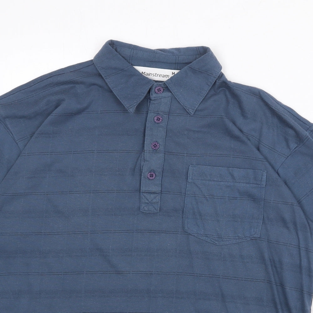 Mainstream Mens Blue Striped Polyester Polo Size M Collared Button