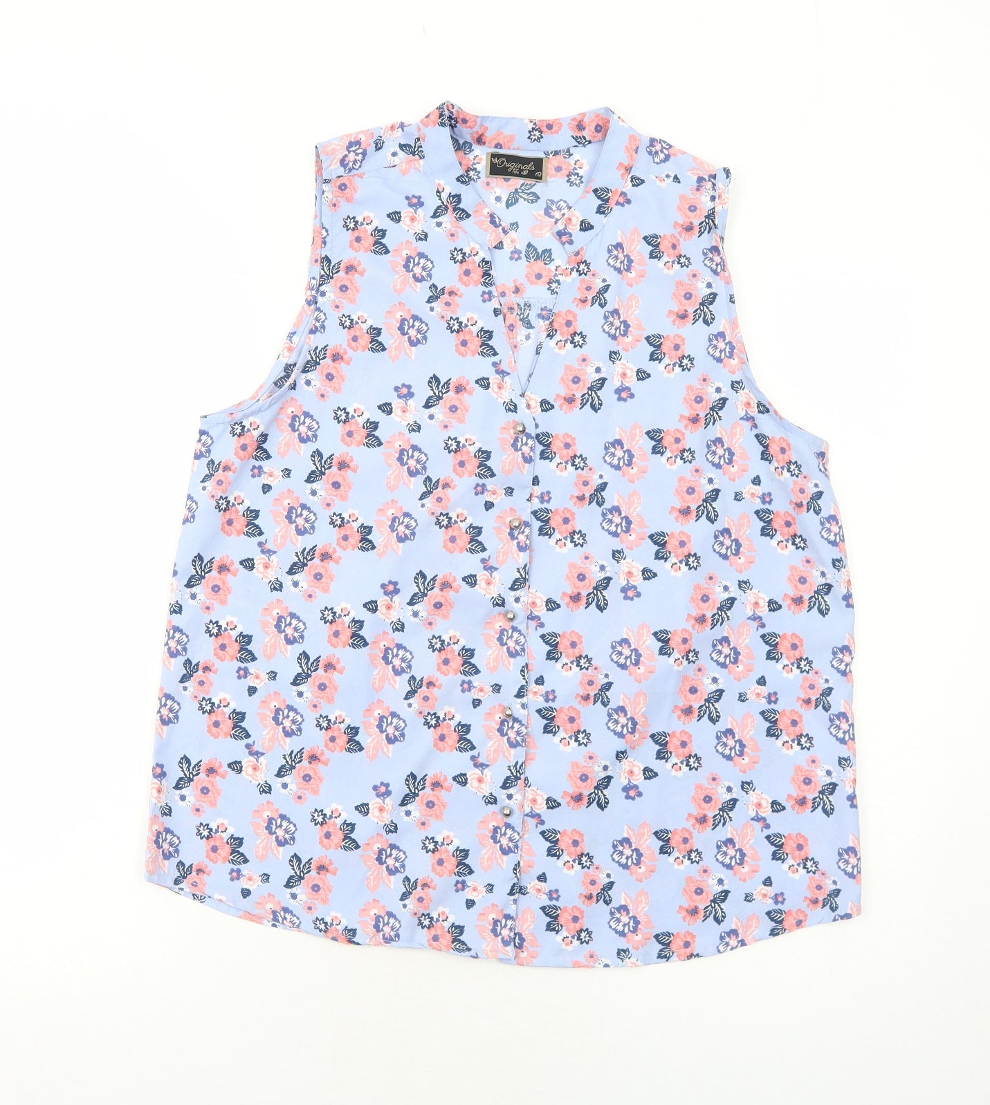 Originals Womens Blue Floral Polyester Basic Button-Up Size 12 V-Neck