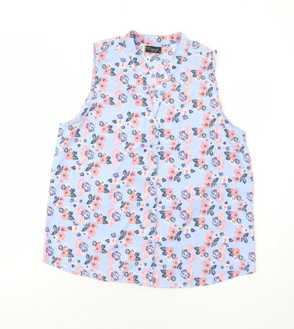 Originals Womens Blue Floral Polyester Basic Button-Up Size 12 V-Neck