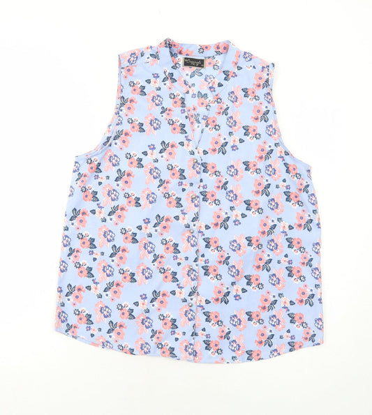 Originals Womens Blue Floral Polyester Basic Button-Up Size 12 V-Neck