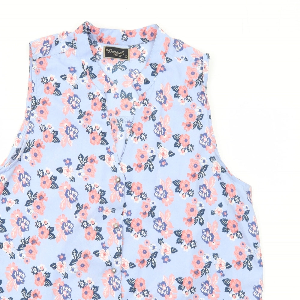 Originals Womens Blue Floral Polyester Basic Button-Up Size 12 V-Neck
