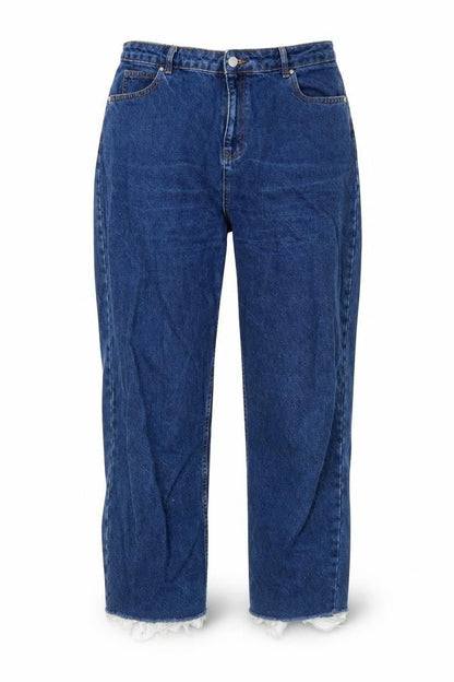 Front view of ASOS women’s blue cotton boyfriend jeans, size UK 34, in, 30-inch leg regular zip - raw hems