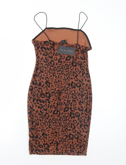 New Look Womens Brown Animal Print Polyester Mini Size 8 Square Neck Pullover - Leopard Print