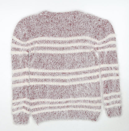 Koopoi Womens White Round Neck Striped Cotton Pullover Jumper One Size