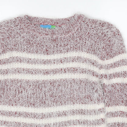 Koopoi Womens White Round Neck Striped Cotton Pullover Jumper One Size