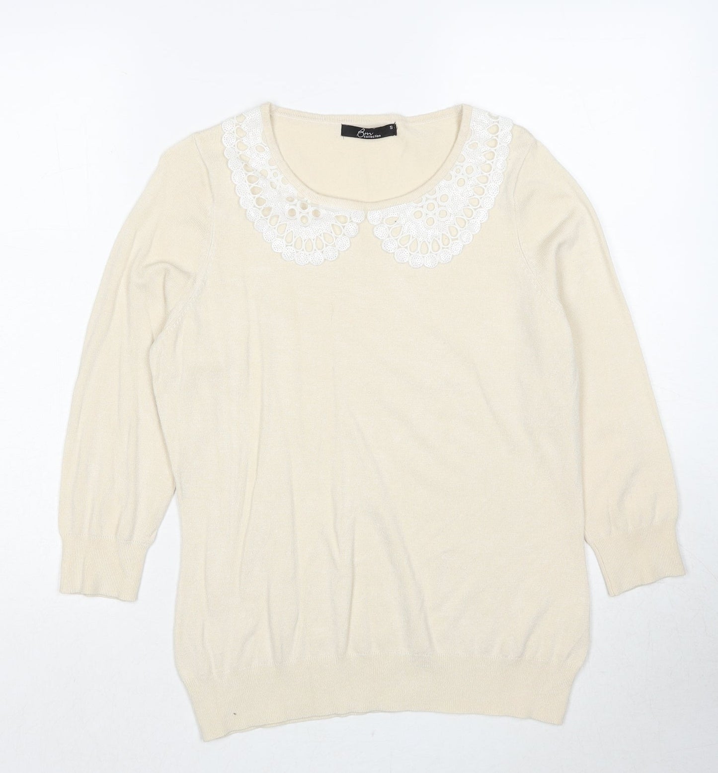 Bonmarché Womens Ivory Round Neck Viscose Pullover Jumper Size S - Lace Details