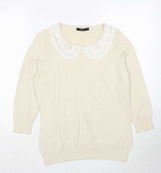 Bonmarché Womens Ivory Round Neck Viscose Pullover Jumper Size S - Lace Details