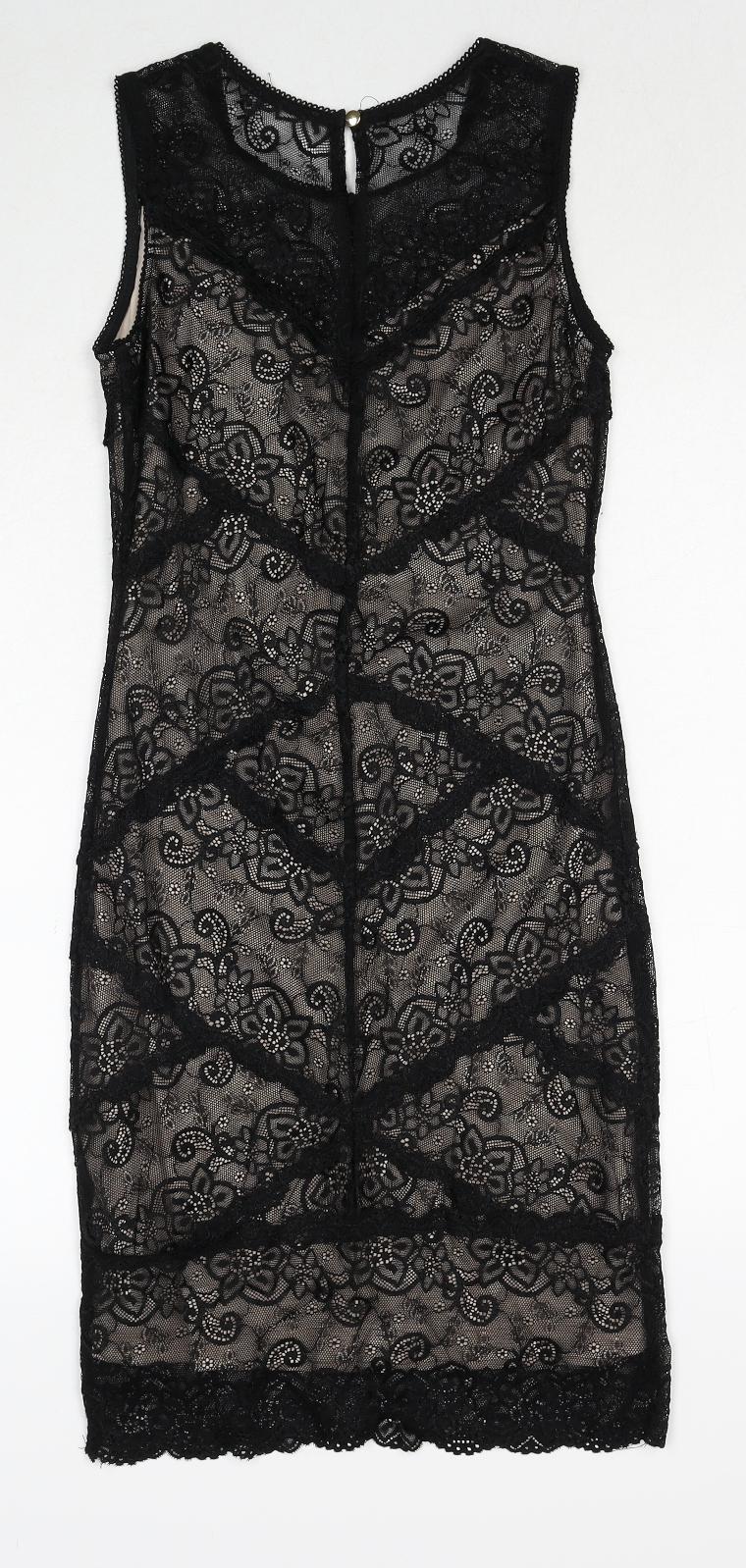 Oasis Womens Black Geometric Polyamide A-Line Size XS Round Neck Button