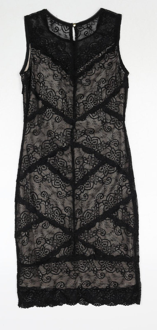 Oasis Womens Black Geometric Polyamide A-Line Size XS Round Neck Button