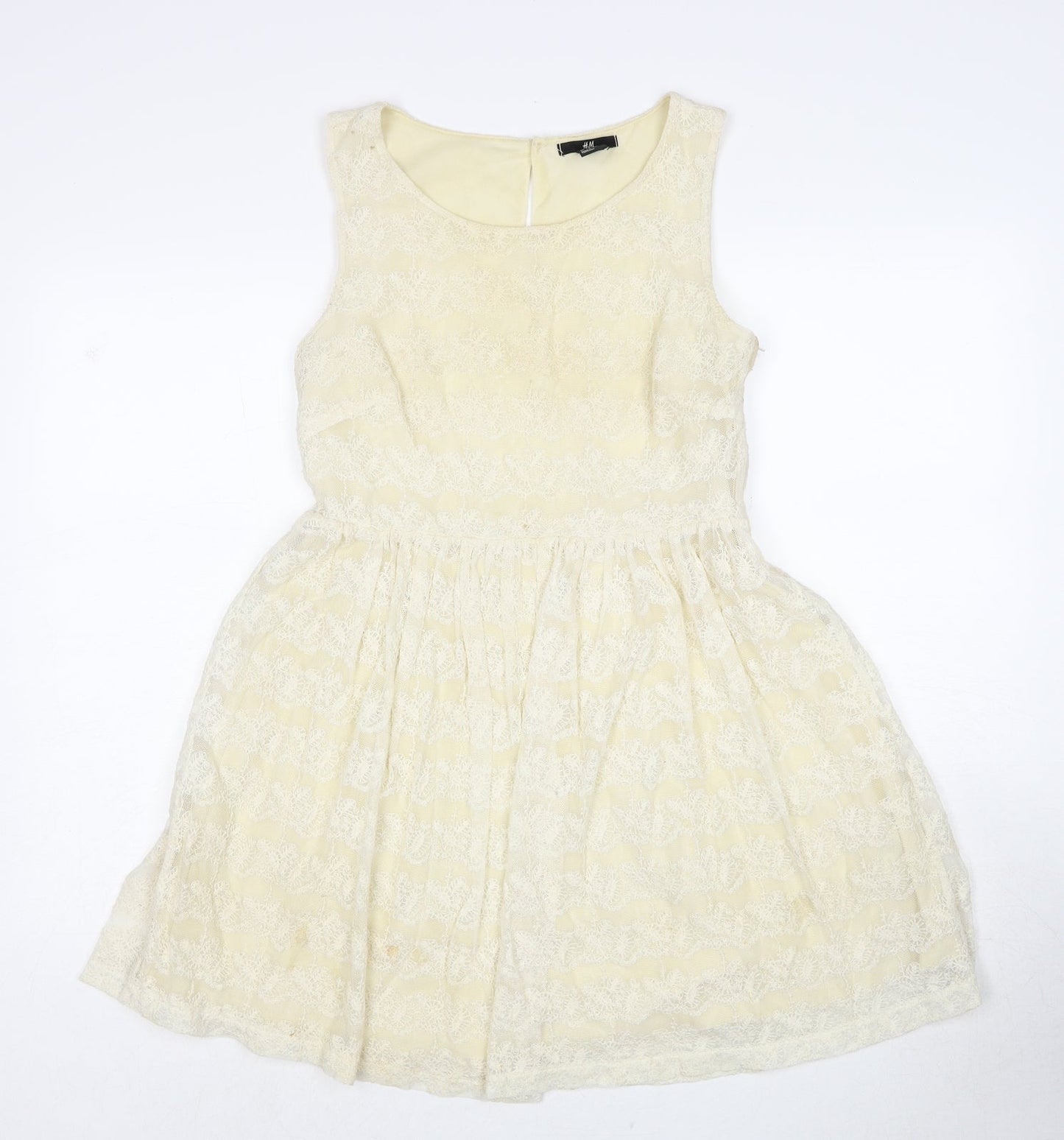 H&M Womens Ivory Cotton Fit & Flare Size S Round Neck Button
