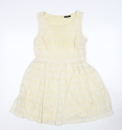 H&M Womens Ivory Cotton Fit & Flare Size S Round Neck Button