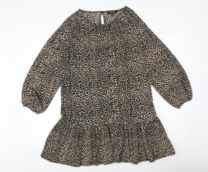 Lipsy Womens Brown Animal Print Polyester Shift Size 10 Boat Neck Button - Leopard Print
