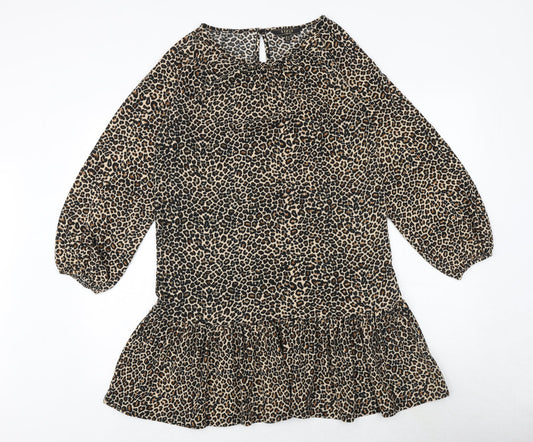 Lipsy Womens Brown Animal Print Polyester Shift Size 10 Boat Neck Button - Leopard Print