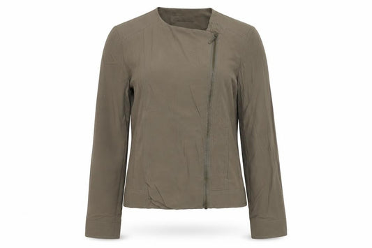 Front view of ANNE WEYBURN women’s green biker jacket, size UK 12, zip