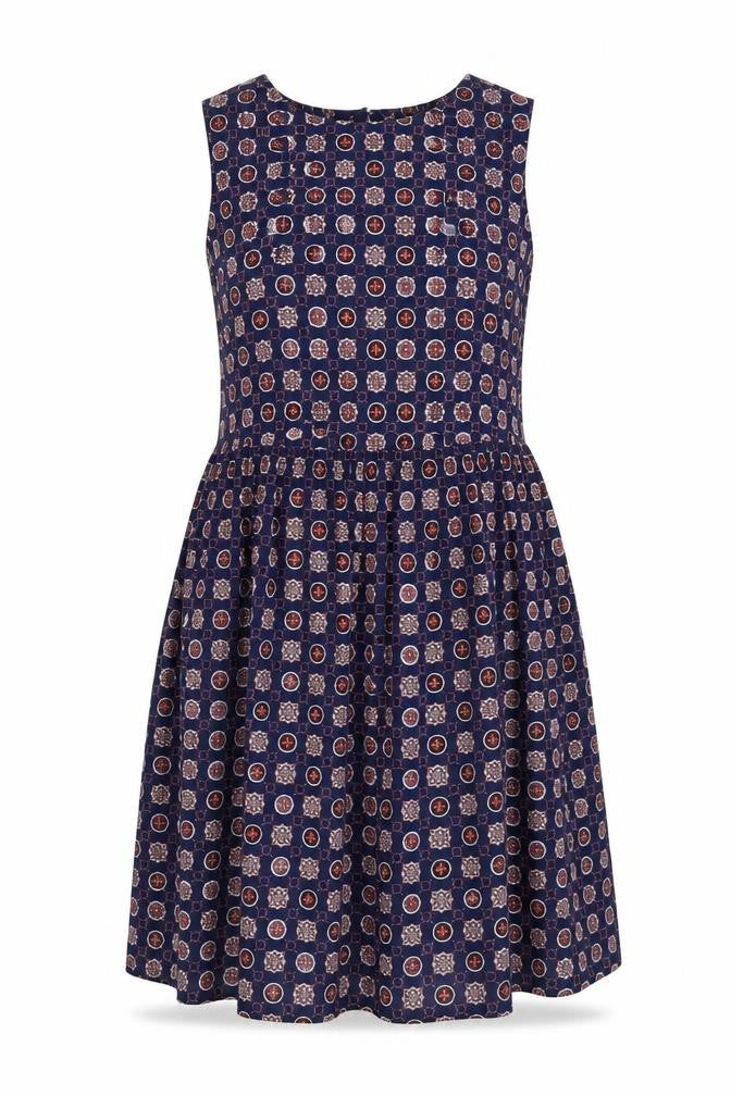 Hearts & Bows Womens Blue Geometric Viscose Fit & Flare Size 8 Boat Neck Button