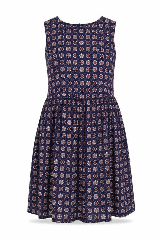 Hearts & Bows Womens Blue Geometric Viscose Fit & Flare Size 8 Boat Neck Button