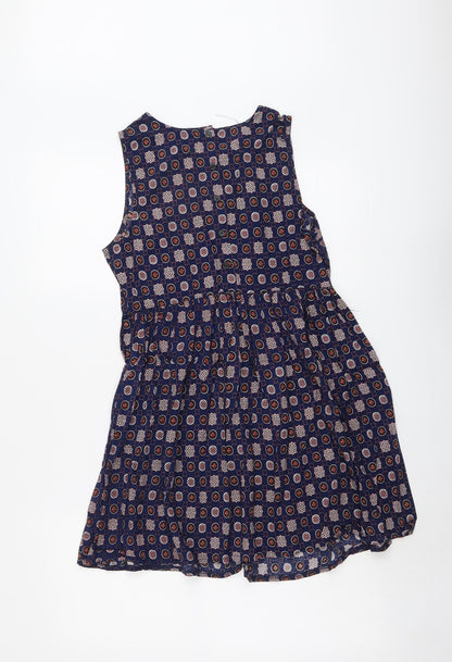 Hearts & Bows Womens Blue Geometric Viscose Fit & Flare Size 8 Boat Neck Button