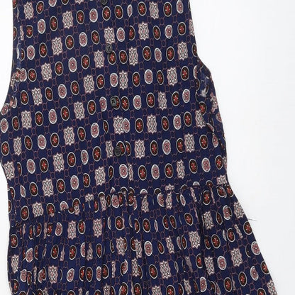 Hearts & Bows Womens Blue Geometric Viscose Fit & Flare Size 8 Boat Neck Button